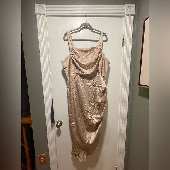 Shein Plus Draped Ruched Asymmetrical Hem Satin Bridesmaid Dress - Picture 3 of 4